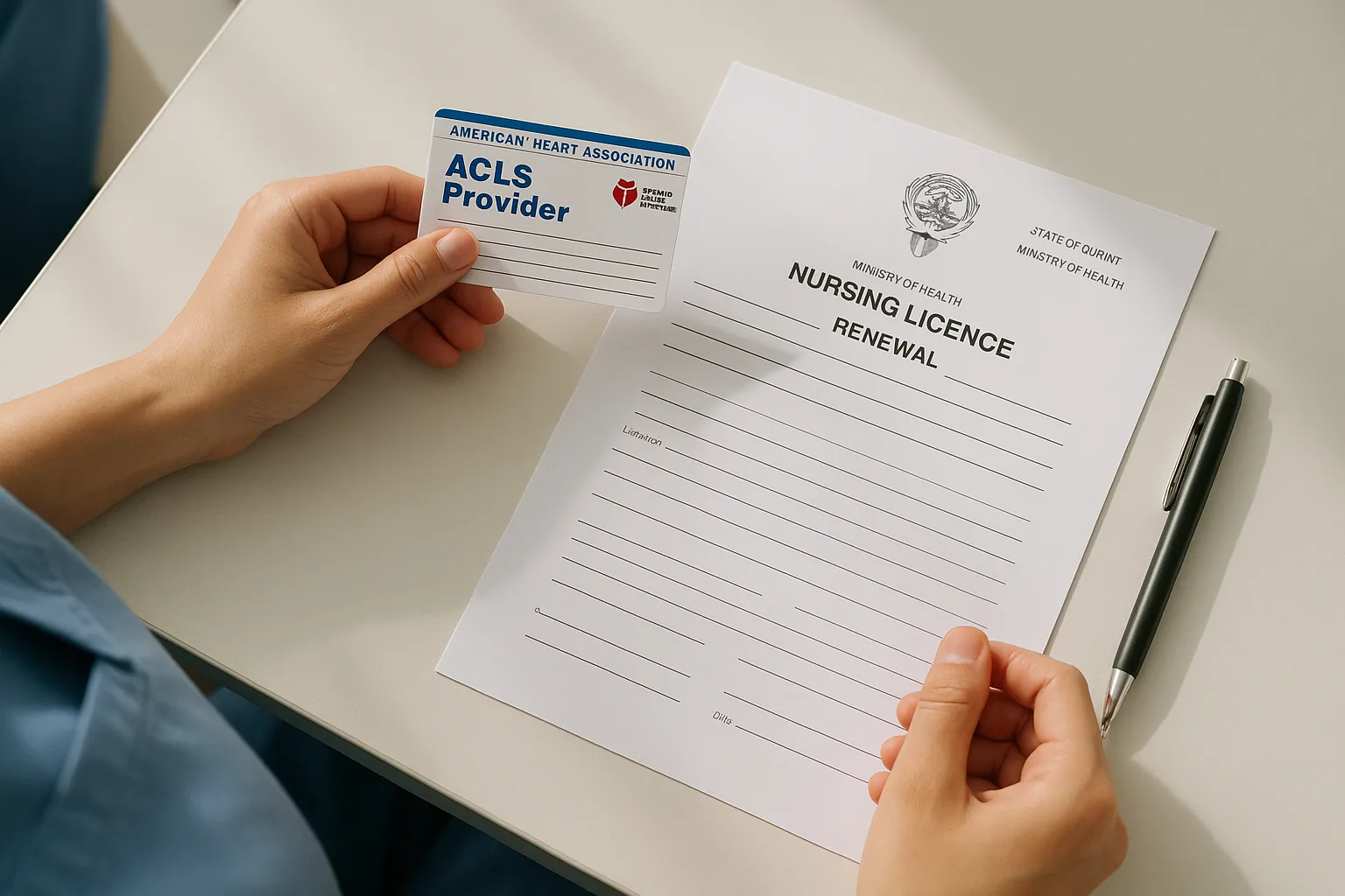 ACLS Training in Kuwait: Who Needs It, What It Covers, and How to Get Certified 2 AHA ACLS certification card beside a Kuwait MOH nursing licence renewal document on a desk