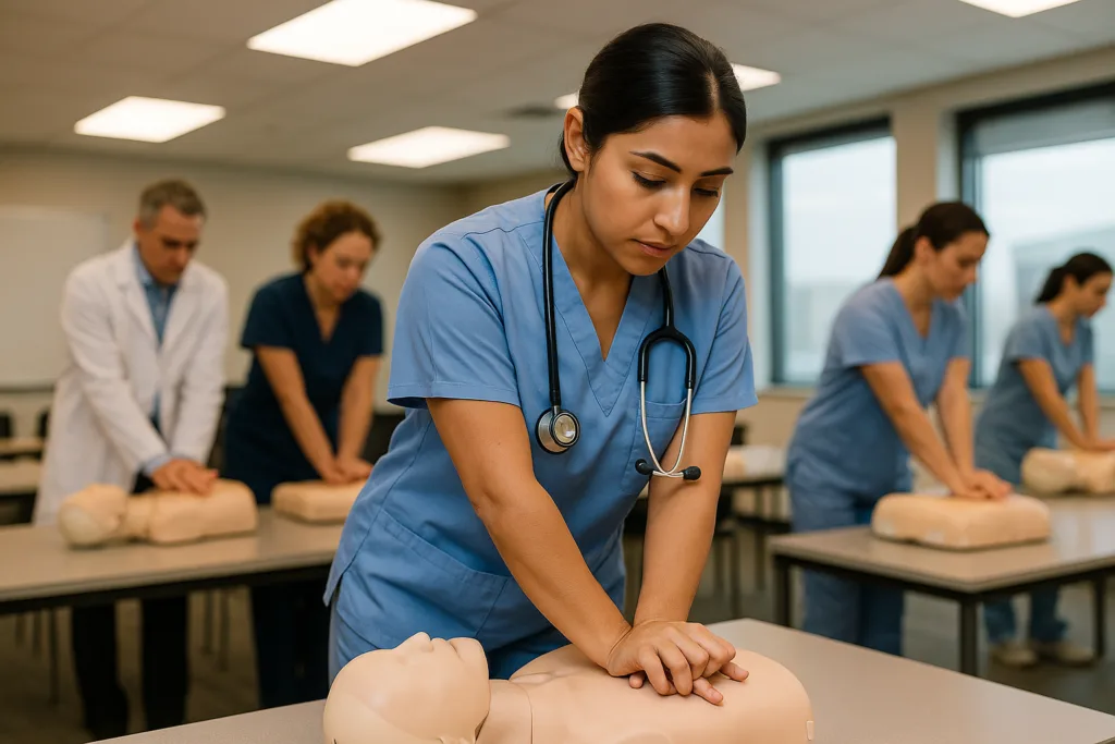 Nurse practicing chest compressions on a CPR manikin during a BLS certification course in Kuwait