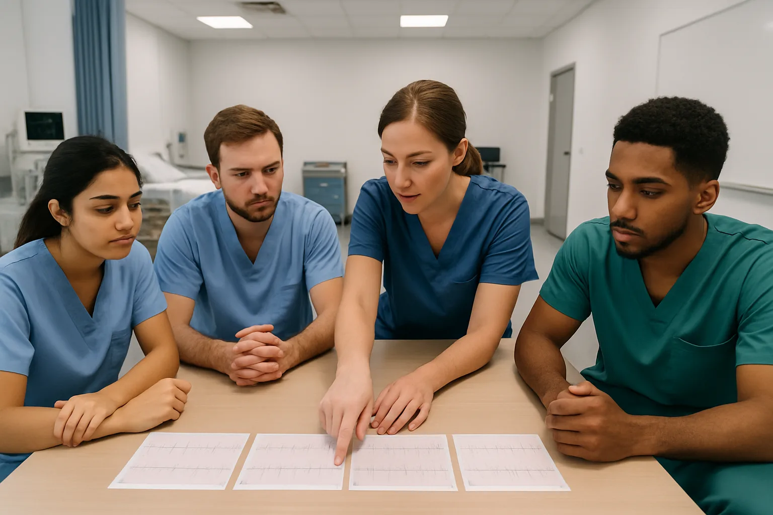 BLS vs ACLS: What's the Difference and Which Certification Do You Need? 2 Healthcare professionals reviewing ECG rhythm strips during an ACLS certification course in Kuwait
