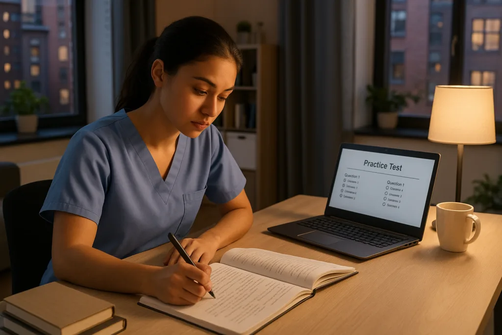 IELTS Prep Course in Kuwait: The Complete Guide for Expats and Nurses 5 Nurse in scrubs studying for an IELTS prep course at a desk with open workbook and laptop