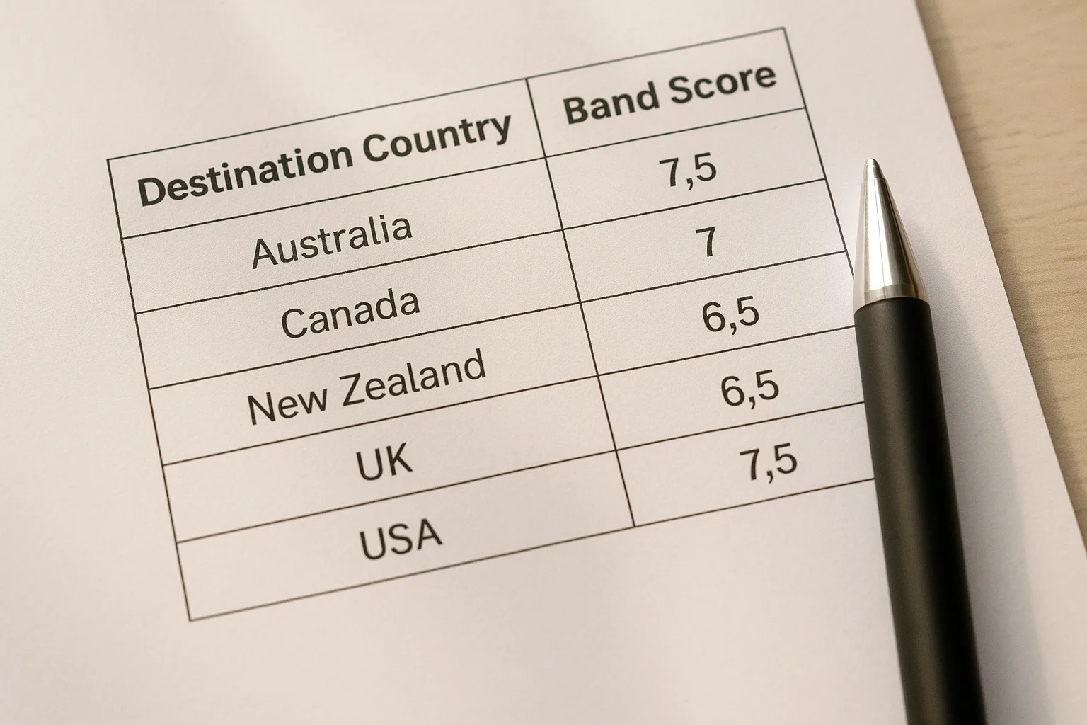 Printed table showing IELTS band score requirements for Canada, UK and Australia immigration