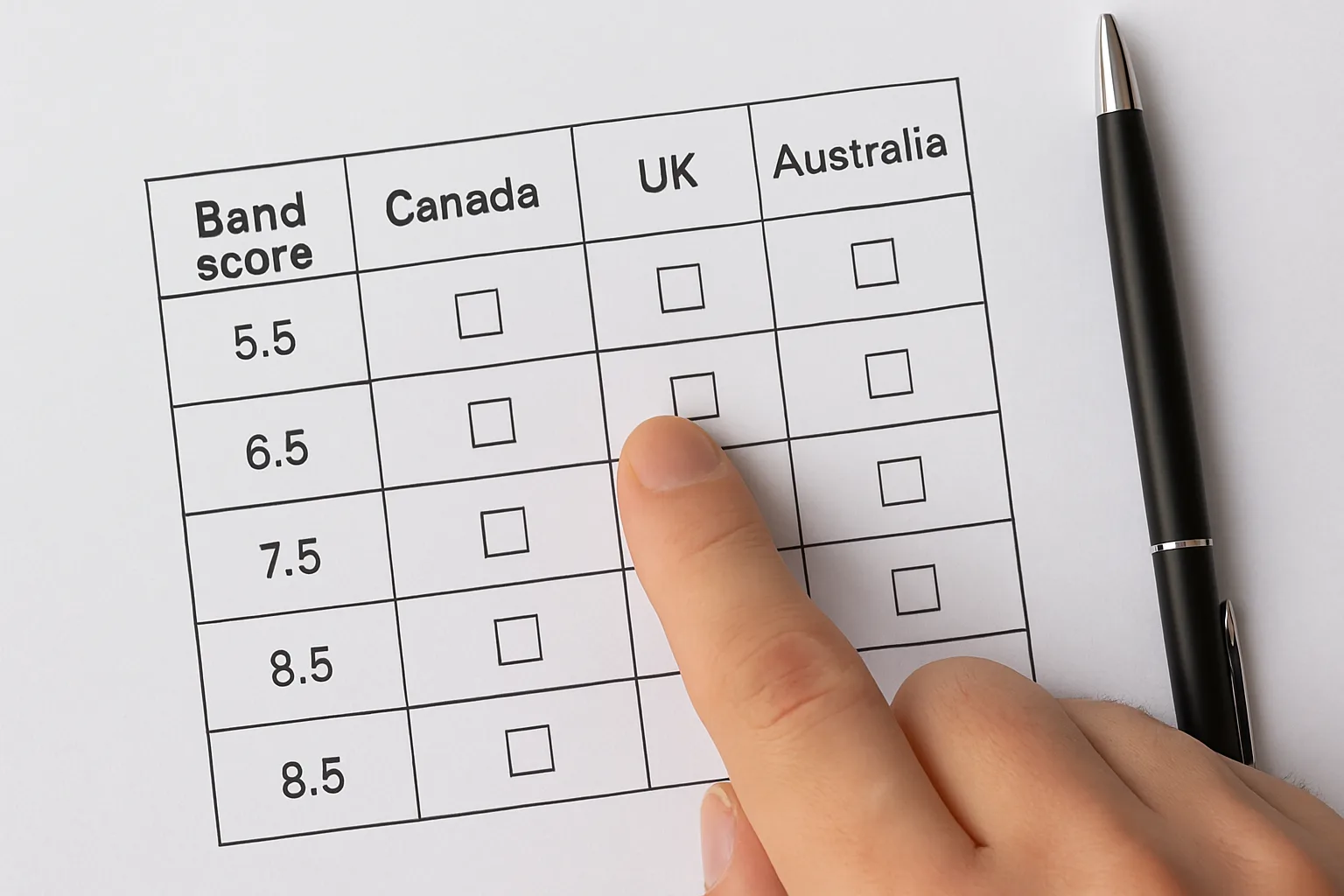 Close-up of IELTS band score comparison chart for Canada UK Australia immigration on a desk