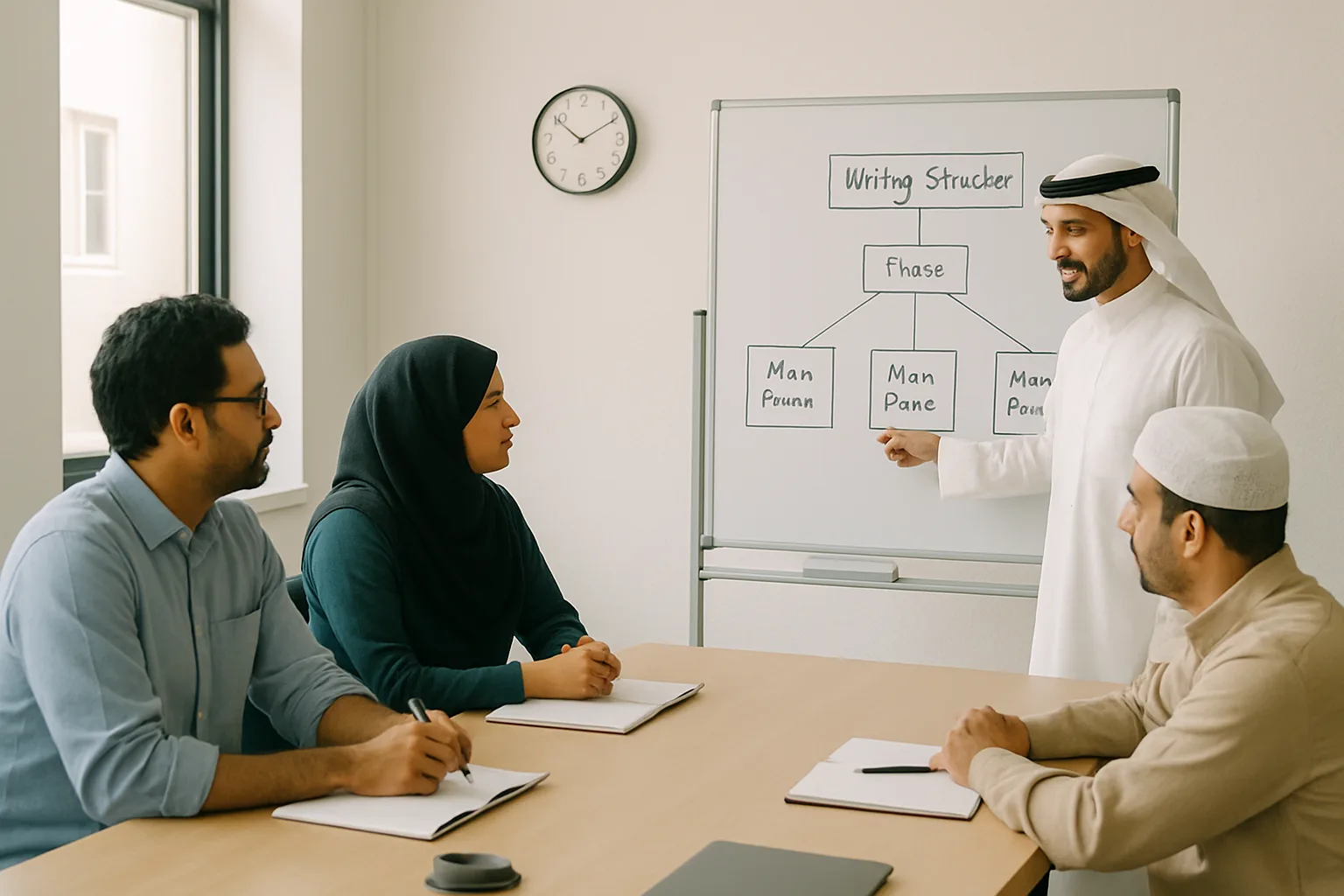 Small IELTS coaching class in Kuwait with instructor and adult professional students reviewing writing skills