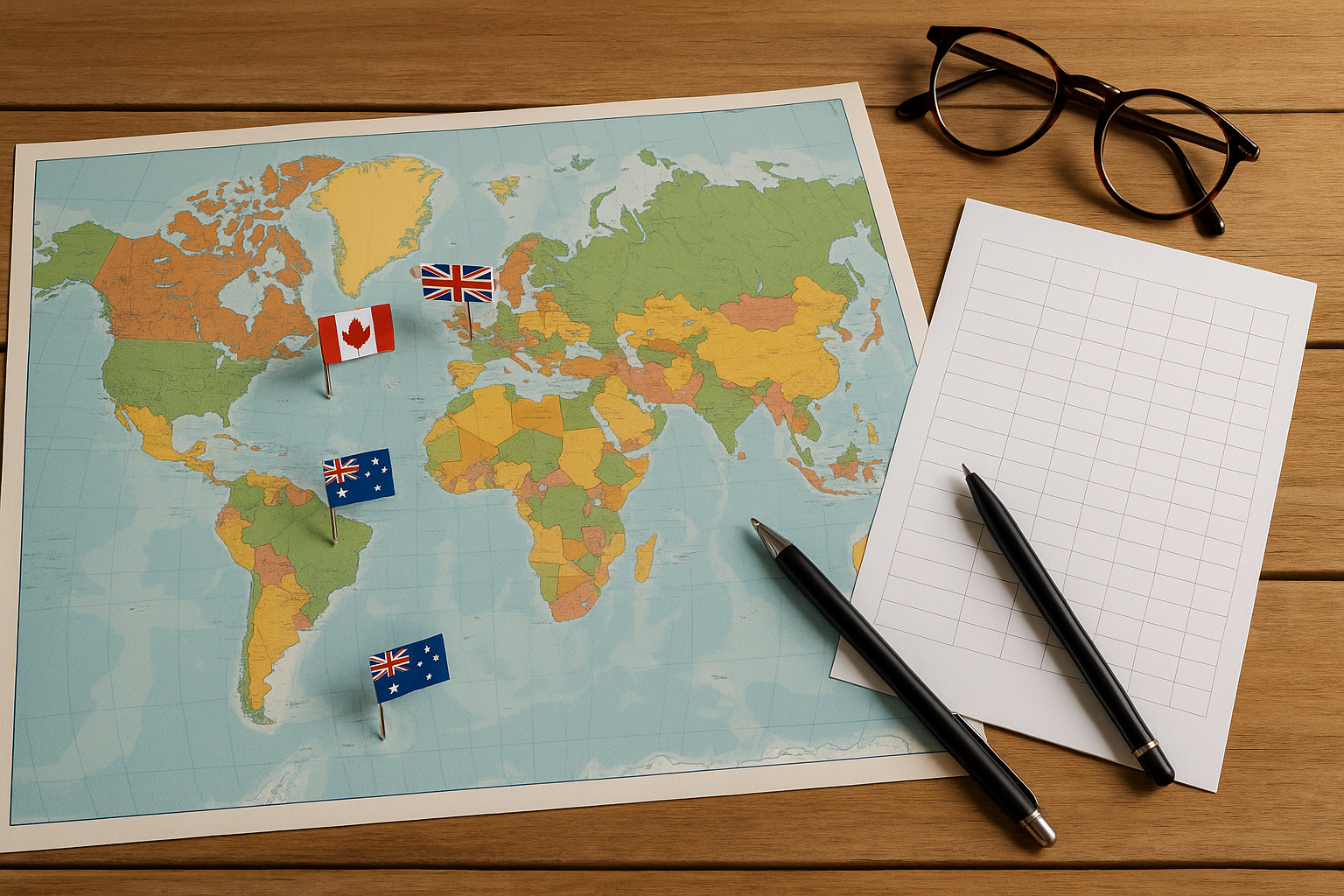 World map with flags marking IELTS band score destination countries Canada UK Australia New Zealand