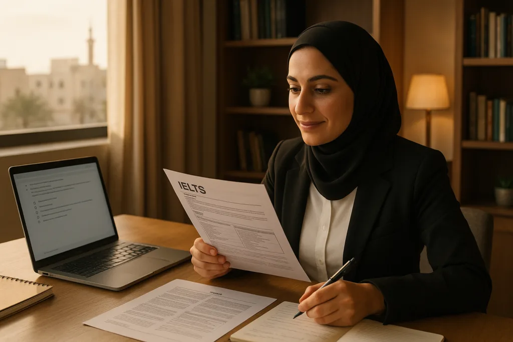 The Kuwait Expat & Healthcare Worker's Complete Guide to Choosing and Passing an IELTS Preparation Course 4 Healthcare professional studying for IELTS preparation course at a desk with notes and a laptop in Kuwait